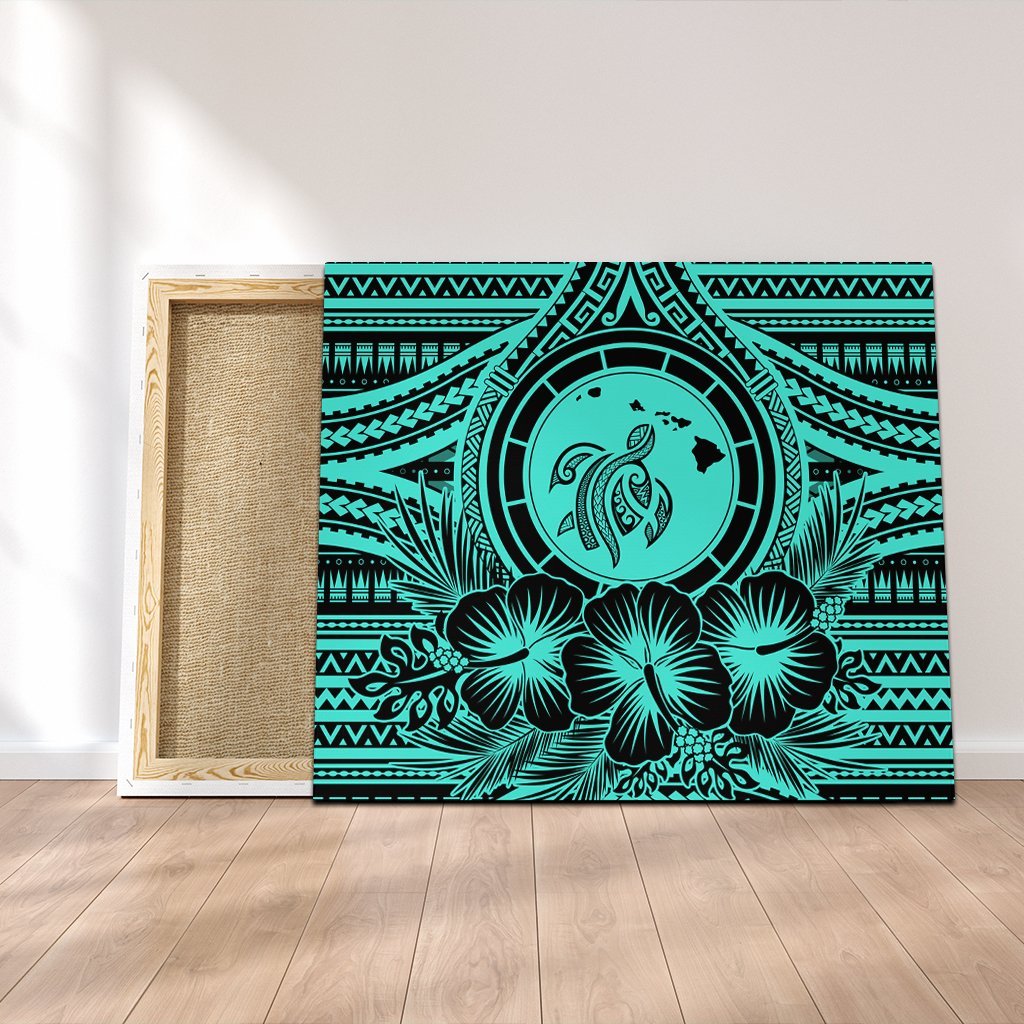 Hawaiian Map Honu Hibiscus Tropic Turquoise Polynesian Canvas - AH Canvas Poly-cotton - Polynesian Pride