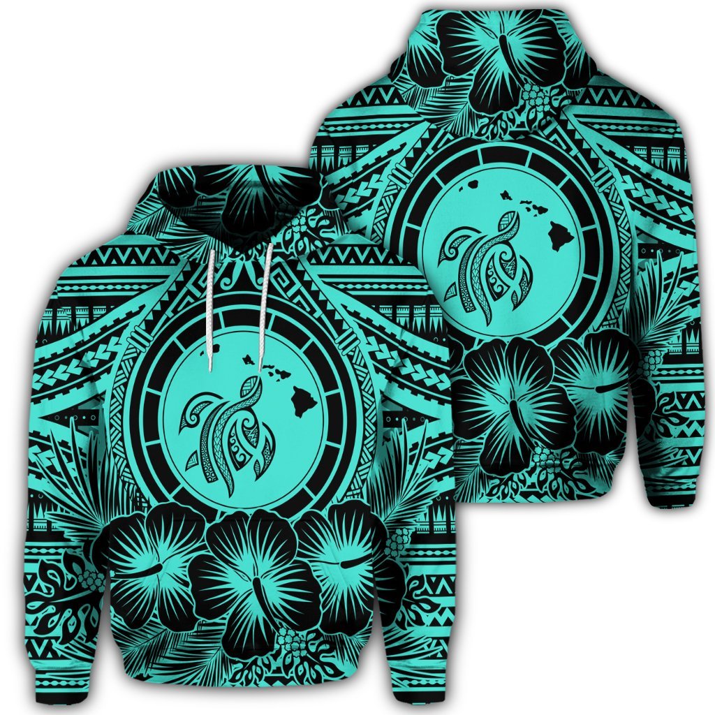 Hawaiian Map Honu Hibiscus Tropic Turquoise Polynesian Hoodie Unisex Art - Polynesian Pride