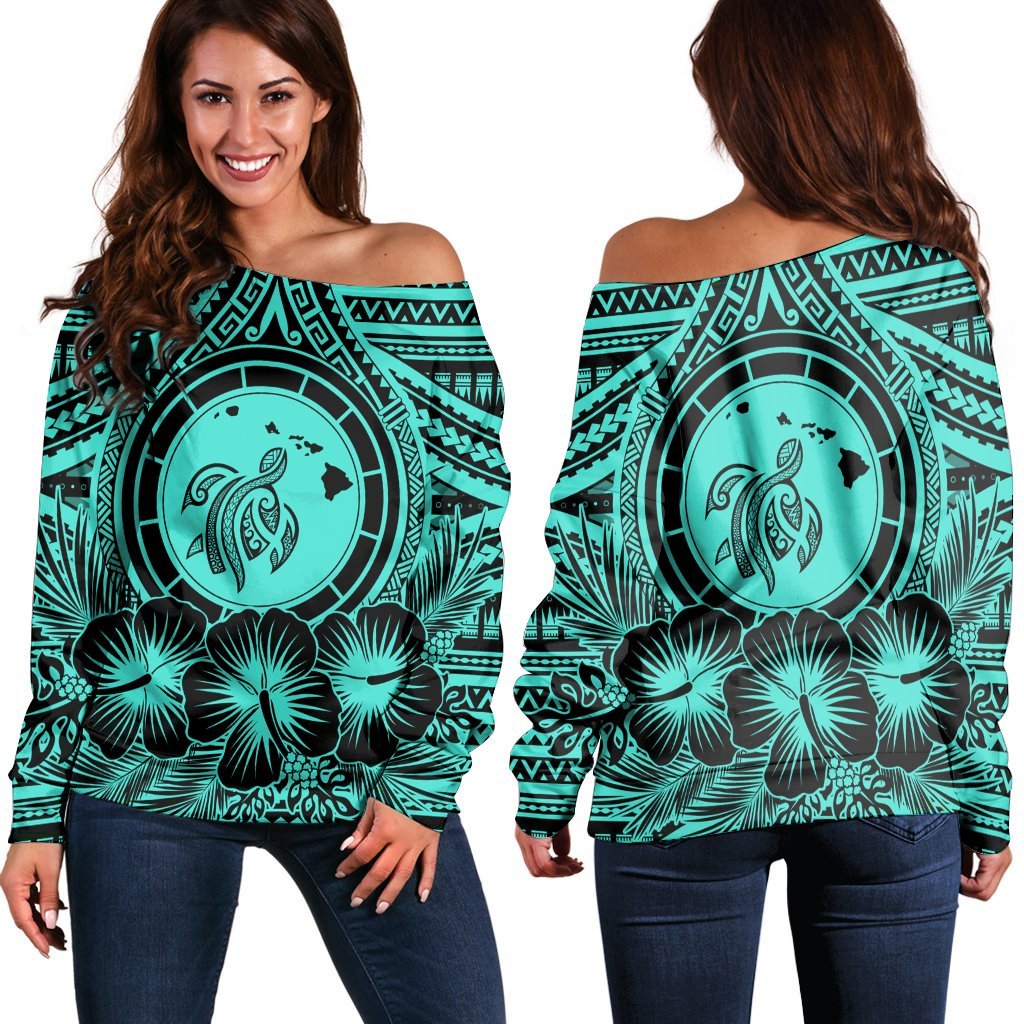 Hawaiian Map Honu Hibiscus Tropic Turquoise Polynesian Women's Off Shoulder Sweater - AH Black - Polynesian Pride