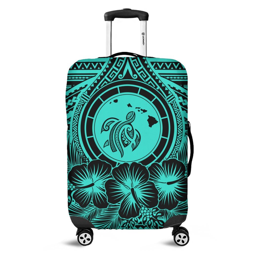 Hawaiian Map Honu Hibiscus Tropic Turquoise Polynesian Luggage Covers - AH Black - Polynesian Pride