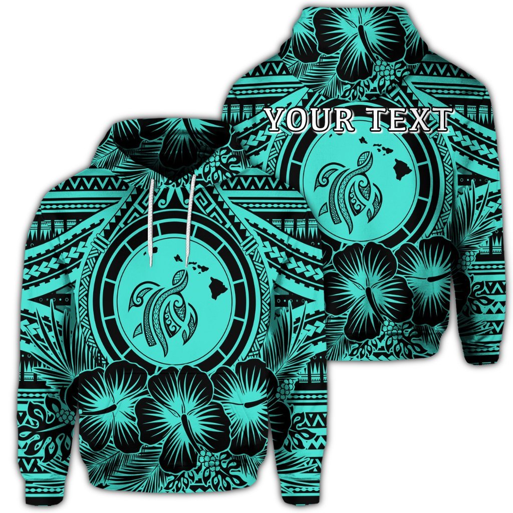 Custom Hawaiian Map Honu Hibiscus Tropic Turquoise Polynesian Hoodie Unisex Art - Polynesian Pride