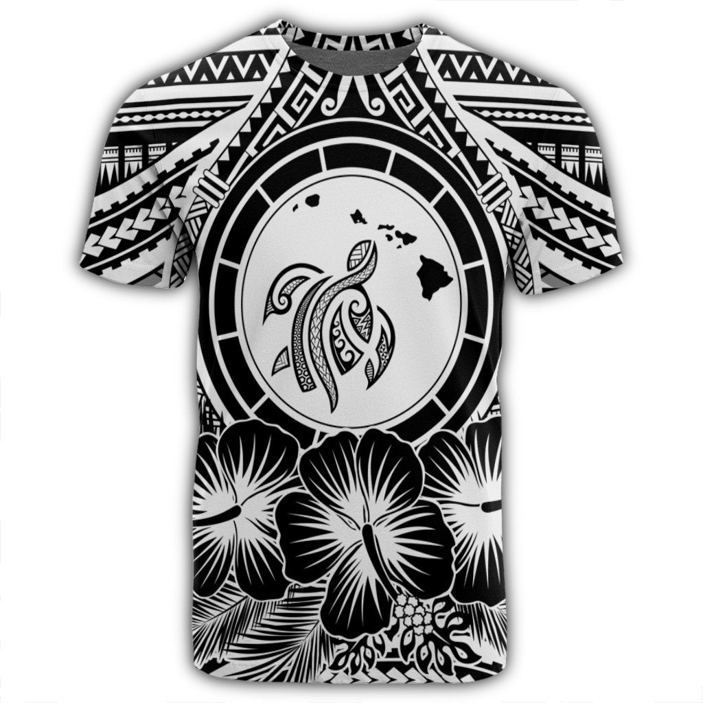 Hawaiian Map Honu Hibiscus Tropic White Polynesian T Shirt - Polynesian Pride