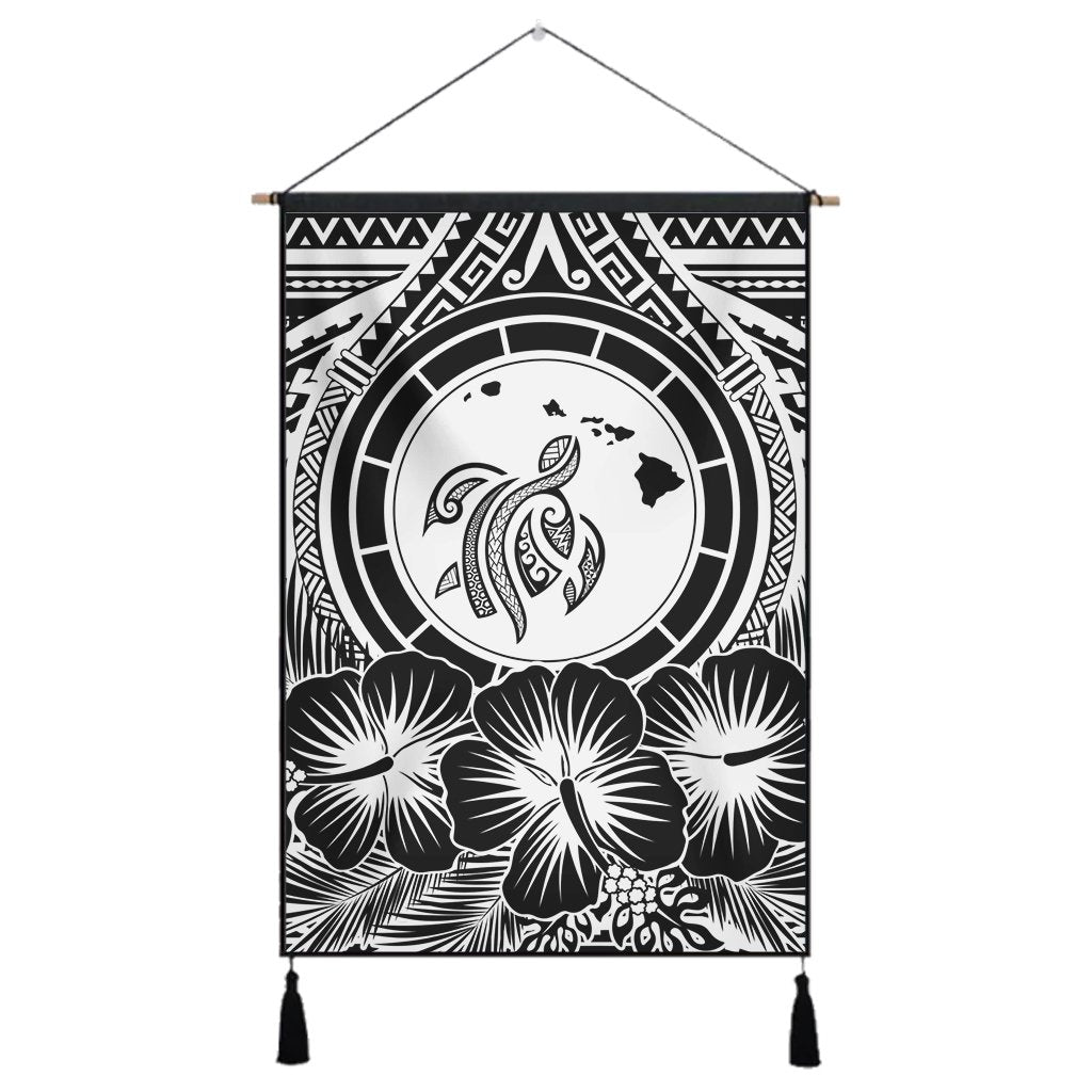 Hawaiian Map Honu Hibiscus Tropic White Polynesian Hanging Poster - AH Hanging Poster Cotton And Linen - Polynesian Pride