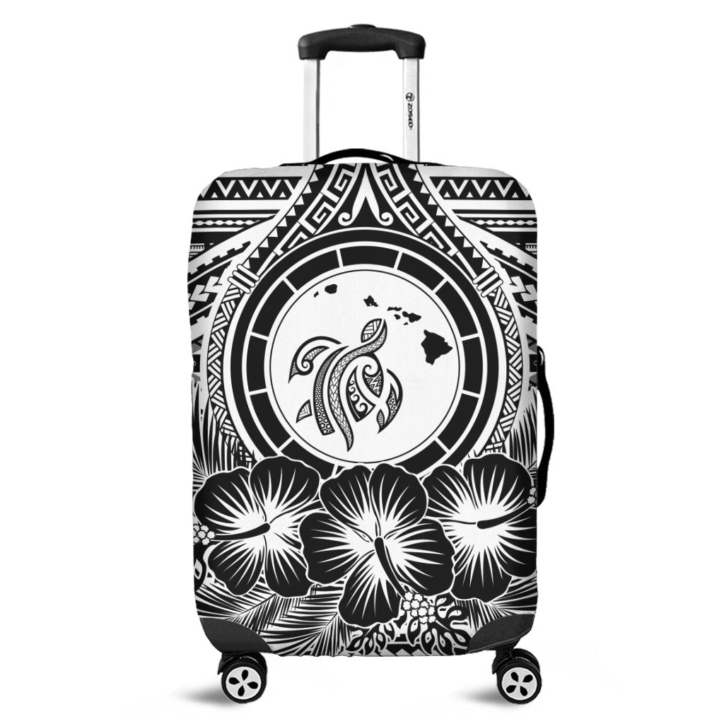 Hawaiian Map Honu Hibiscus Tropic White Polynesian Luggage Covers - AH Black - Polynesian Pride