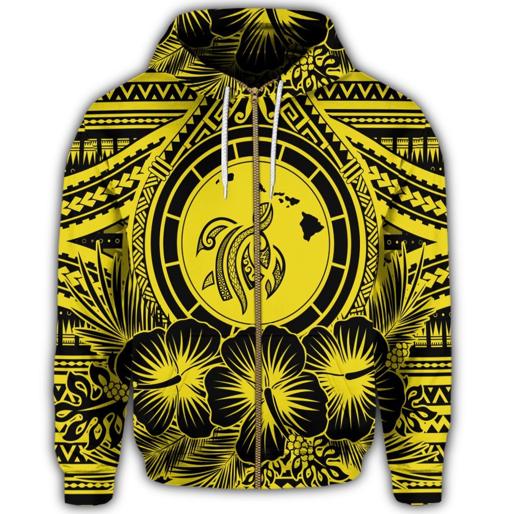 Hawaiian Map Honu Hibiscus Tropic Yellow Polynesian Zip Hoodie - Polynesian Pride