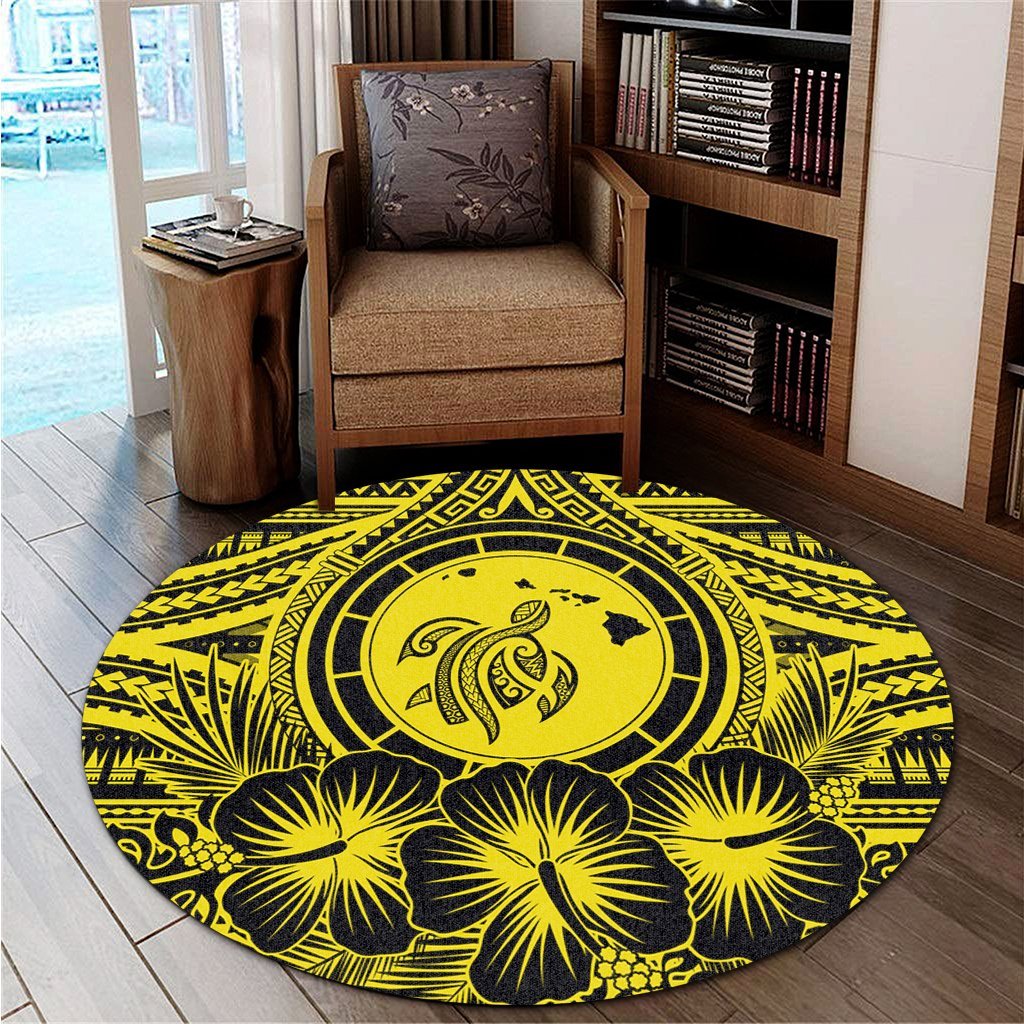 Hawaiian Map Honu Hibiscus Tropic Yellow Polynesian Round Carpet - AH - Polynesian Pride