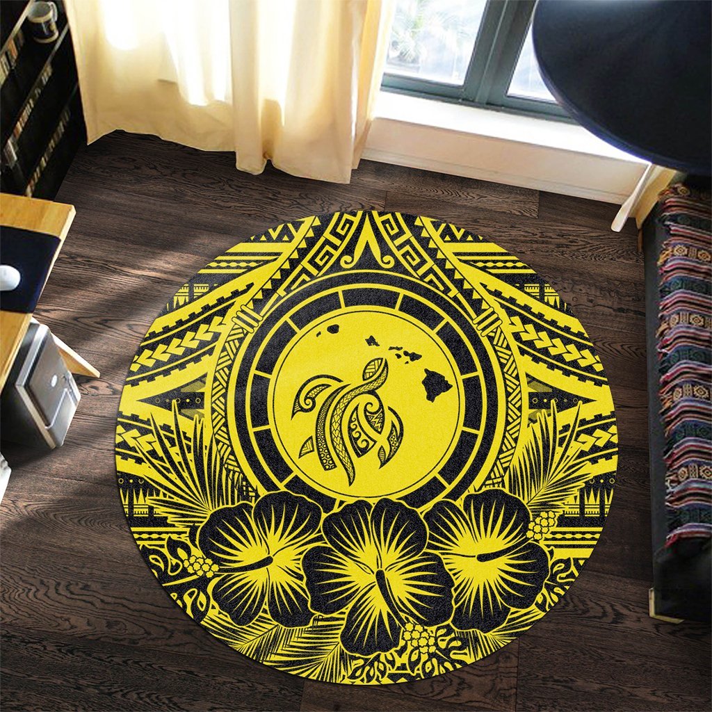 Hawaiian Map Honu Hibiscus Tropic Yellow Polynesian Round Carpet - AH - Polynesian Pride