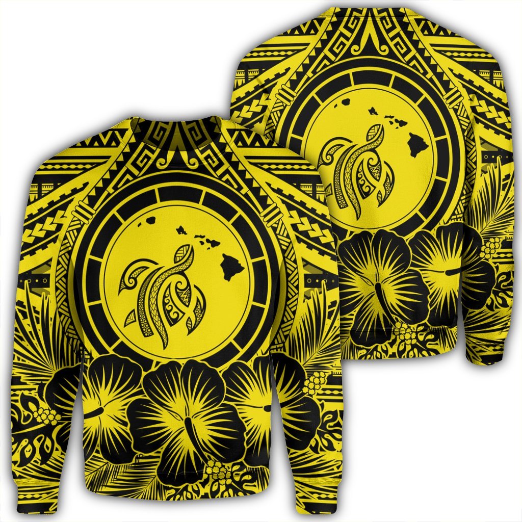 Hawaiian Map Honu Hibiscus Tropic Yellow Polynesian Sweatshirt - AH Unisex Black - Polynesian Pride