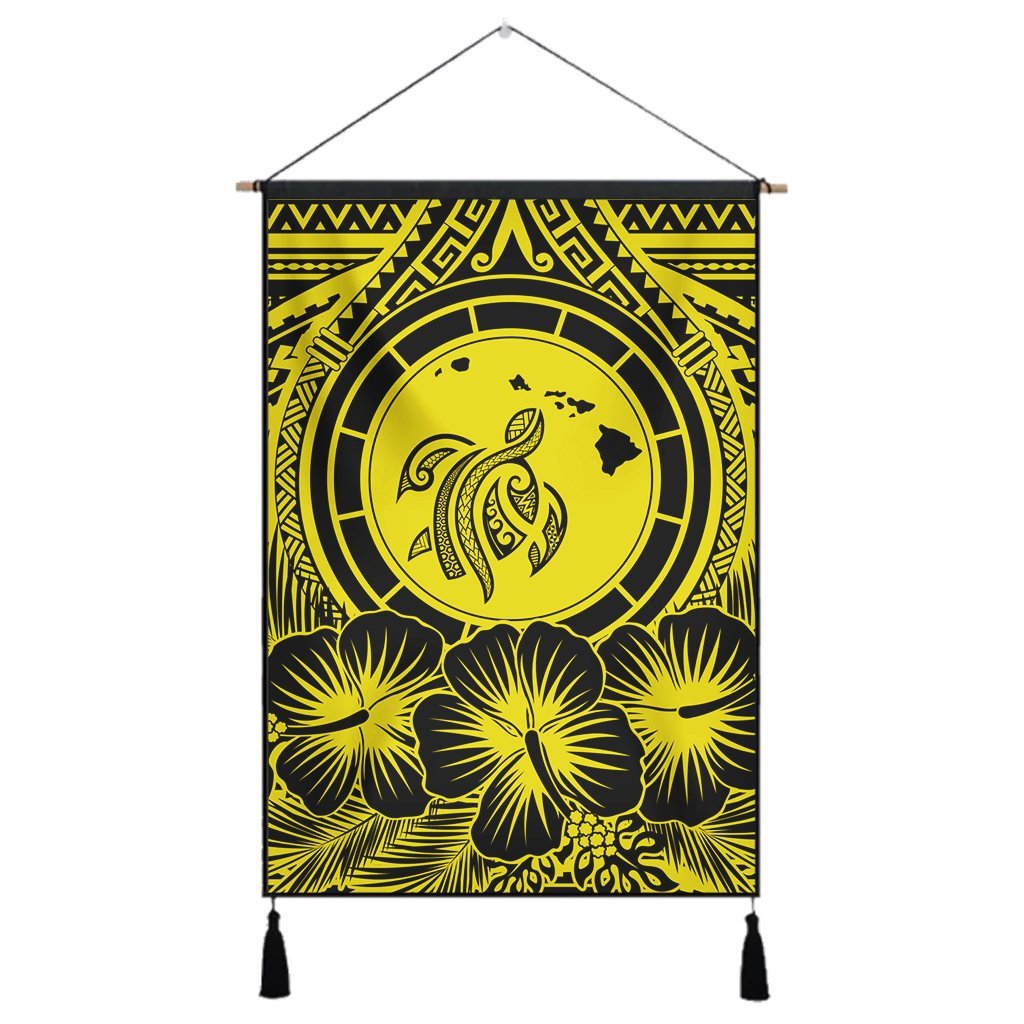 Hawaiian Map Honu Hibiscus Tropic Yellow Polynesian Hanging Poster - AH Hanging Poster Cotton And Linen - Polynesian Pride