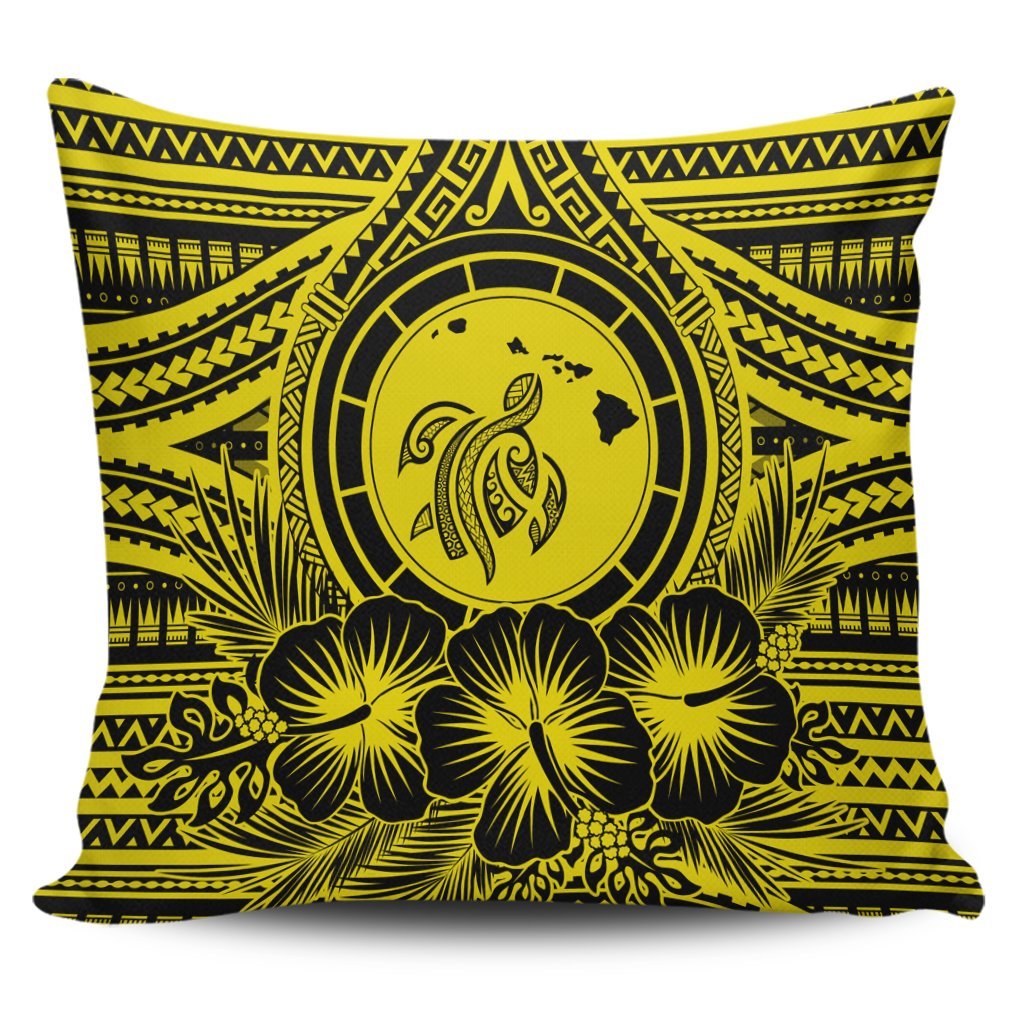 Hawaiian Map Honu Hibiscus Tropic Yellow Polynesian Pillow Covers - AH Pillow Covers Black - Polynesian Pride