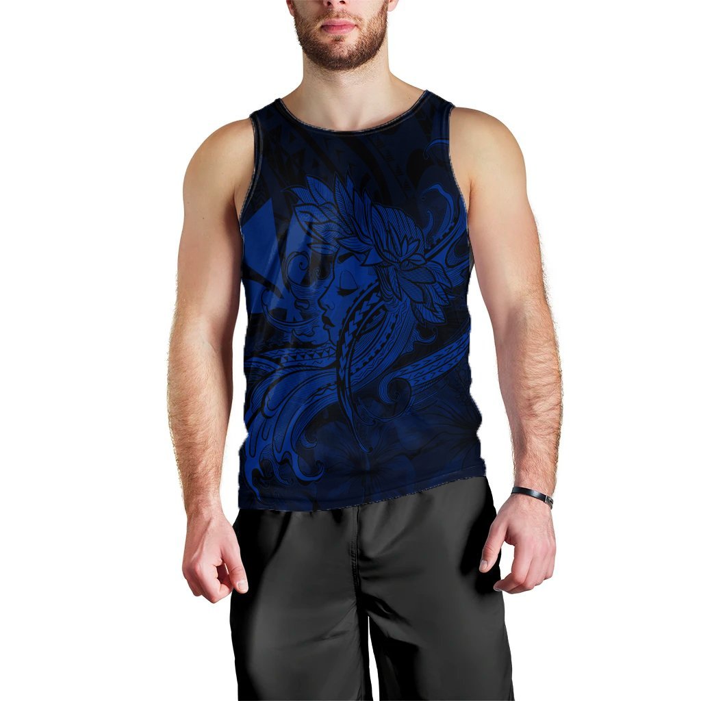 Hawaiian Map Hula Girl Hibiscus Kanaka Polynesian Tank Top - Blue - AH Black - Polynesian Pride