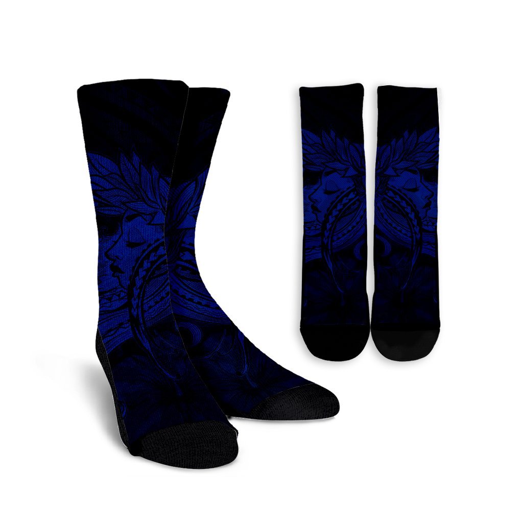 Hawaiian Map Hula Girl Hibiscus Kanaka Polynesian Crew Socks - Blue - AH Crew Socks White - Polynesian Pride