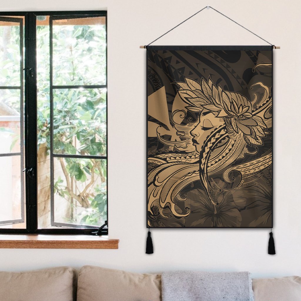 Hawaiian Map Hula Girl Hibiscus Kanaka Polynesian Hanging Poster - Gold - AH - Polynesian Pride