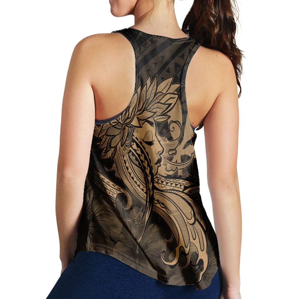 Hawaiian Map Hula Girl Hibiscus Kanaka Polynesian Racerback Tank - Gold - AH - Polynesian Pride