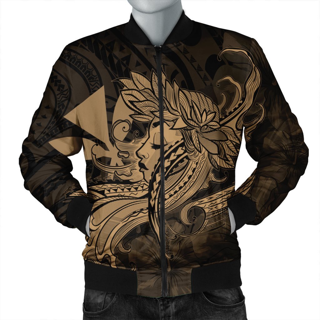 Hawaiian Map Hula Girl Hibiscus Kanaka Polynesian Bomber Jacket - Gold - AH Black Unisex - Polynesian Pride