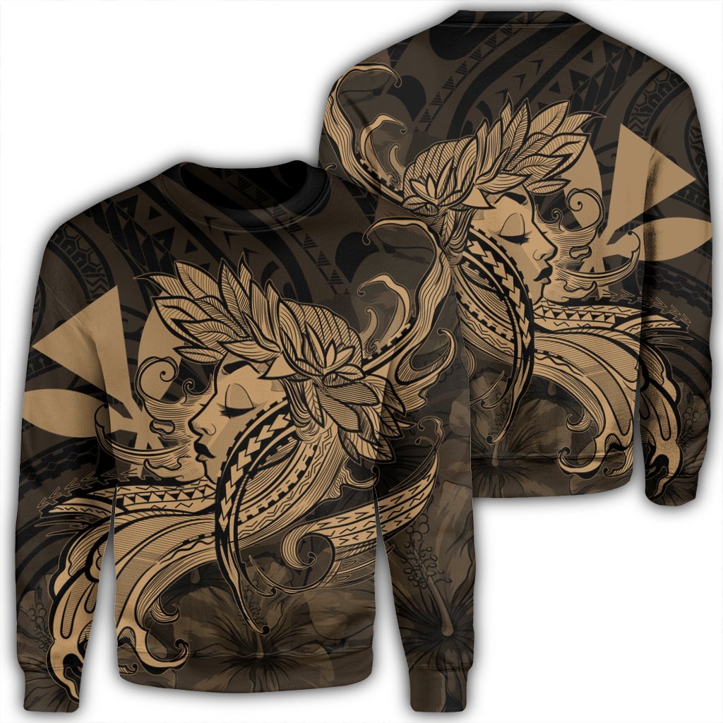 Hawaiian Map Hula Girl Hibiscus Kanaka Polynesian Sweatshirt - Gold - AH Unisex Black - Polynesian Pride