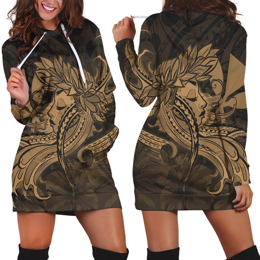 Hawaiian Map Hula Girl Hibiscus Kanaka Polynesian Hoodie Dress - Gold - AH Black - Polynesian Pride