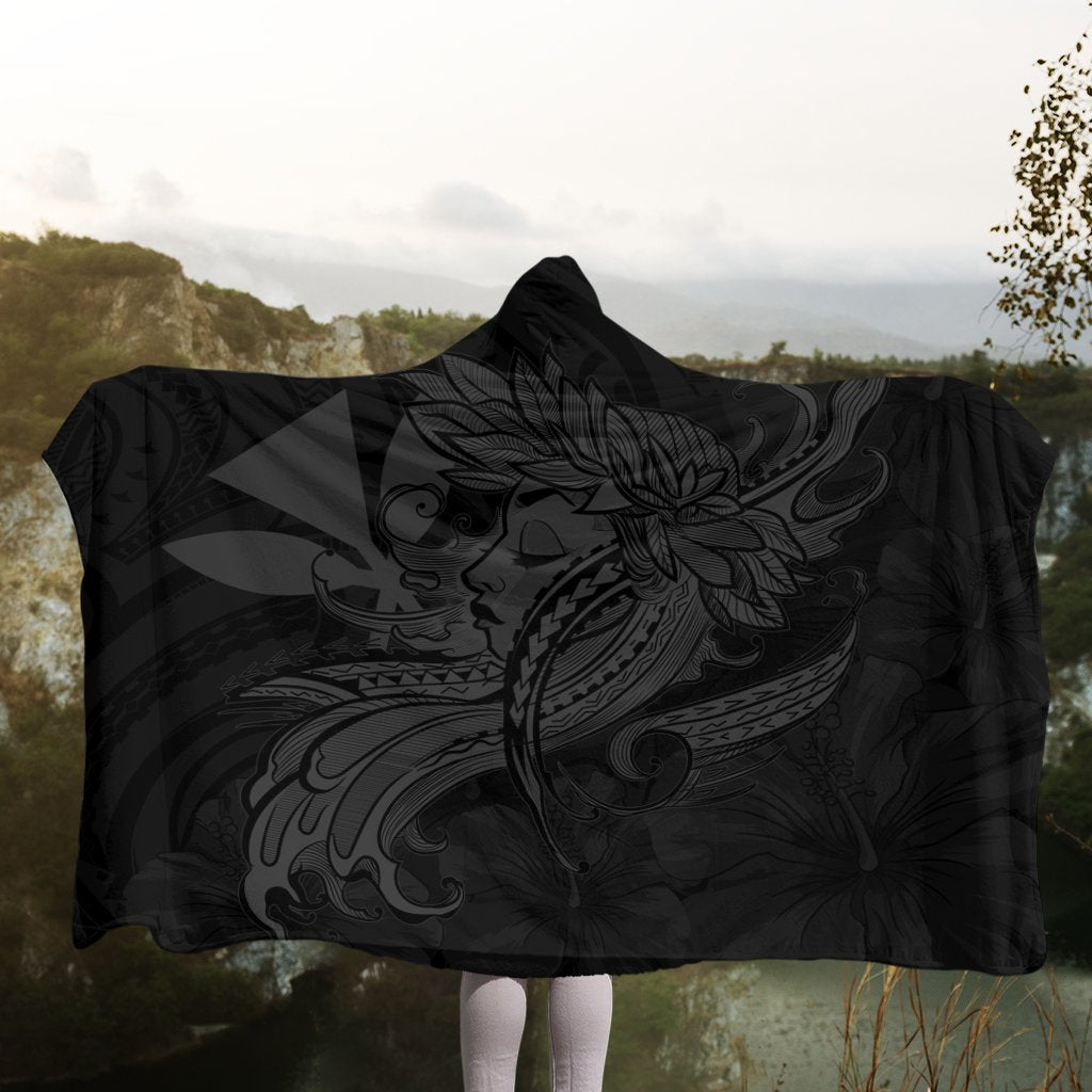 Hawaiian Map Hula Girl Hibiscus Kanaka Polynesian Hooded Blanket - Gray - AH - Polynesian Pride