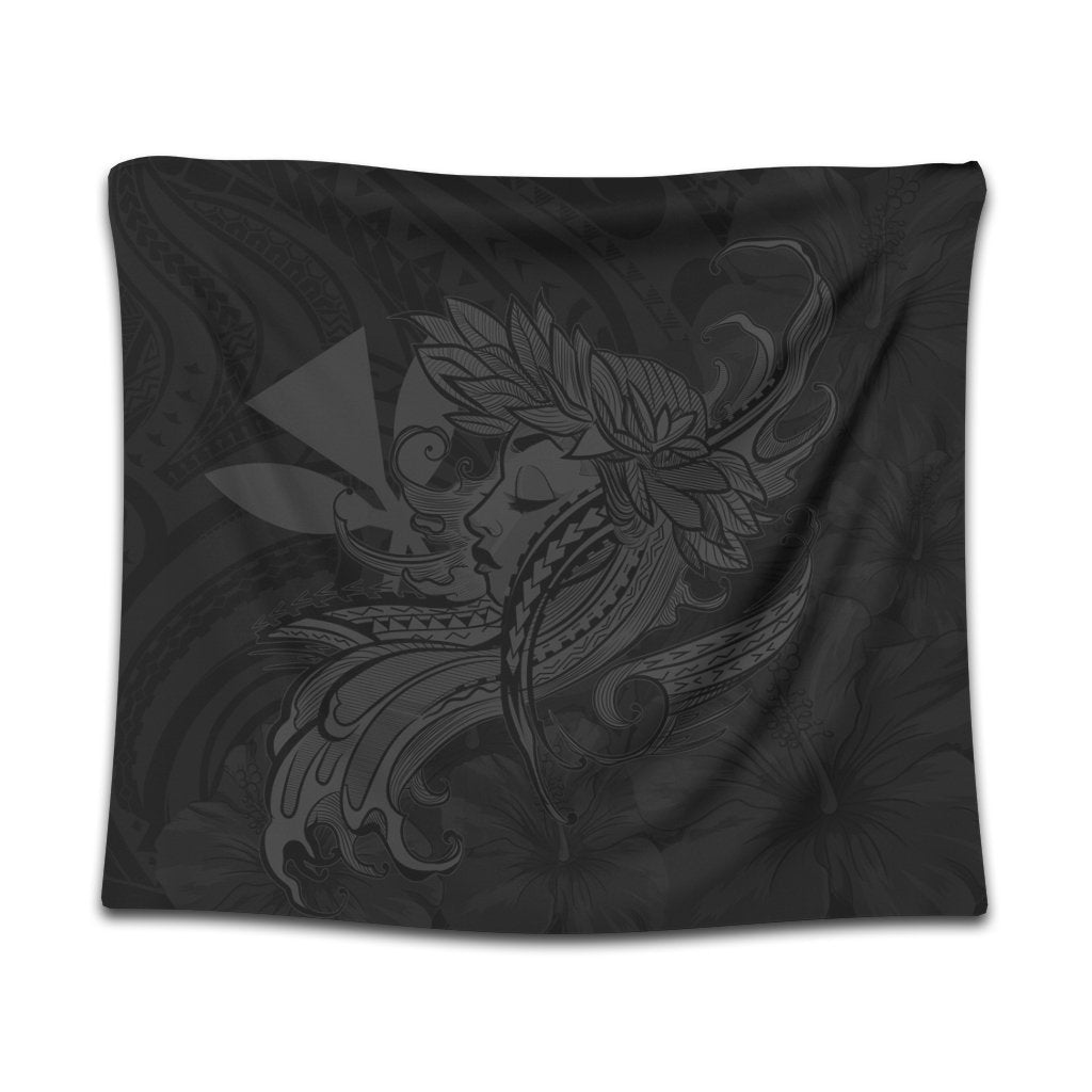 Hawaiian Map Hula Girl Hibiscus Kanaka Polynesian Tapestry - Gray - AH Wall Tapestry Black - Polynesian Pride