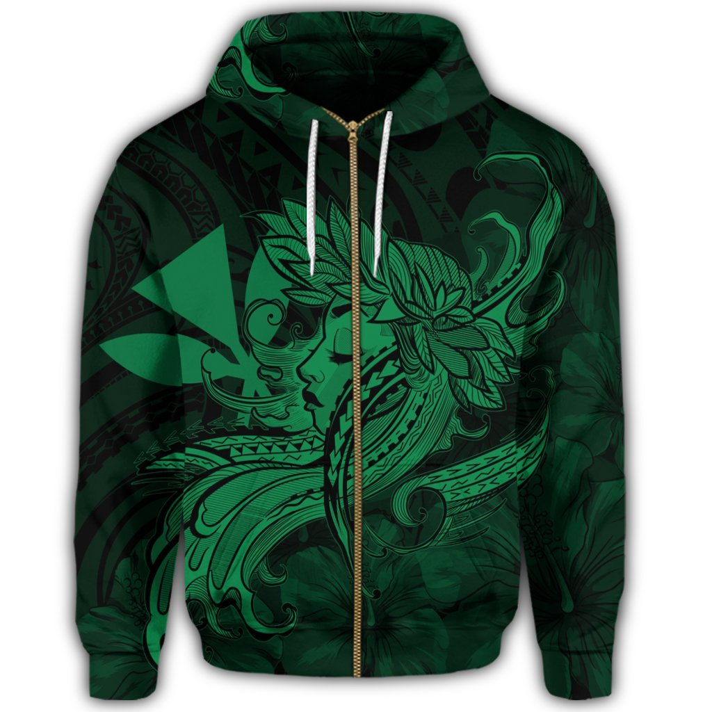 Hawaiian Map Hula Girl Hibiscus Kanaka Polynesian Zip Hoodie Green - Polynesian Pride