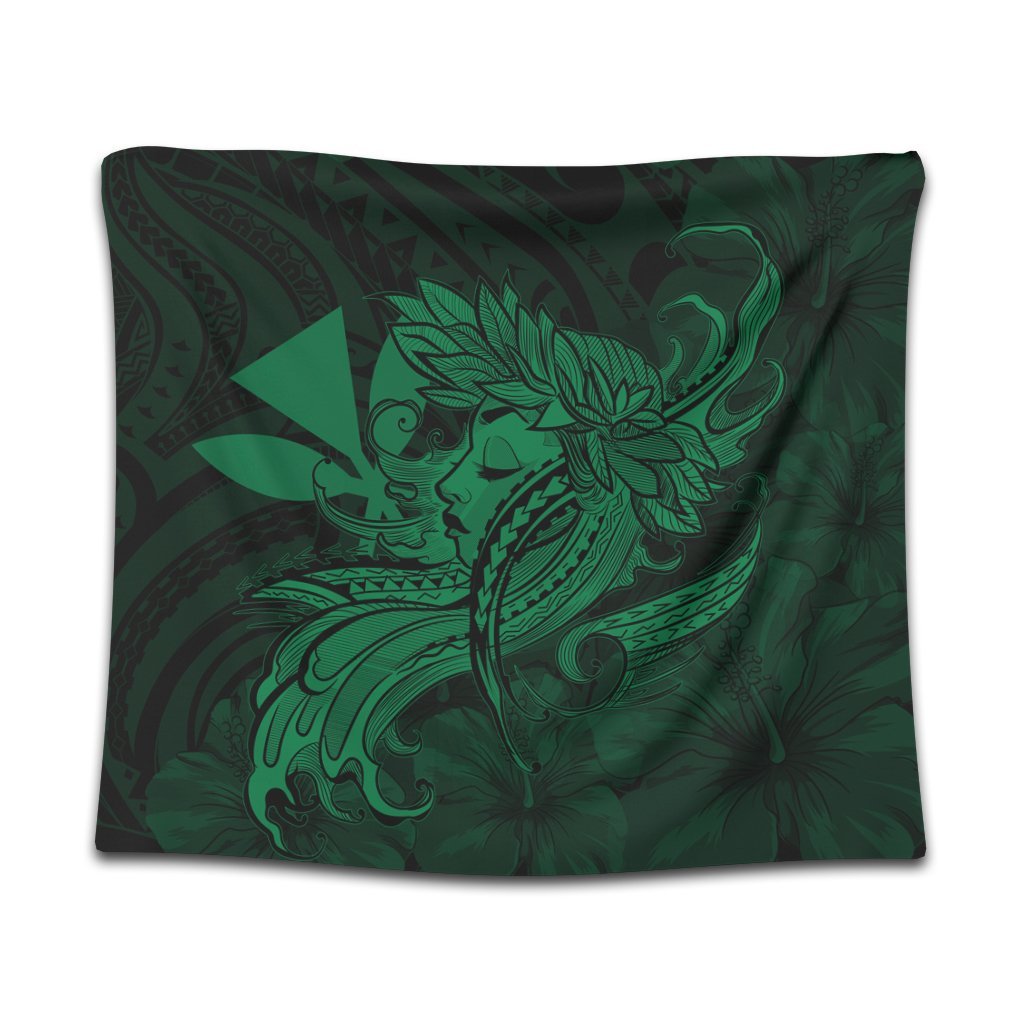 Hawaiian Map Hula Girl Hibiscus Kanaka Polynesian Tapestry - Green - AH Wall Tapestry Black - Polynesian Pride