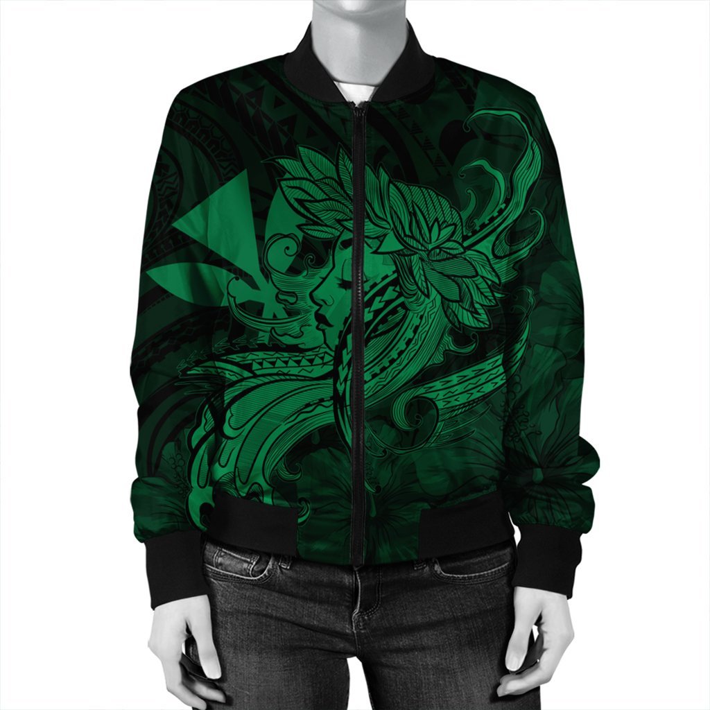 Hawaiian Map Hula Girl Hibiscus Kanaka Polynesian Bomber Jacket - Green - AH - Polynesian Pride