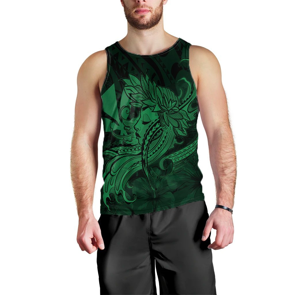 Hawaiian Map Hula Girl Hibiscus Kanaka Polynesian Tank Top - Green - AH Black - Polynesian Pride