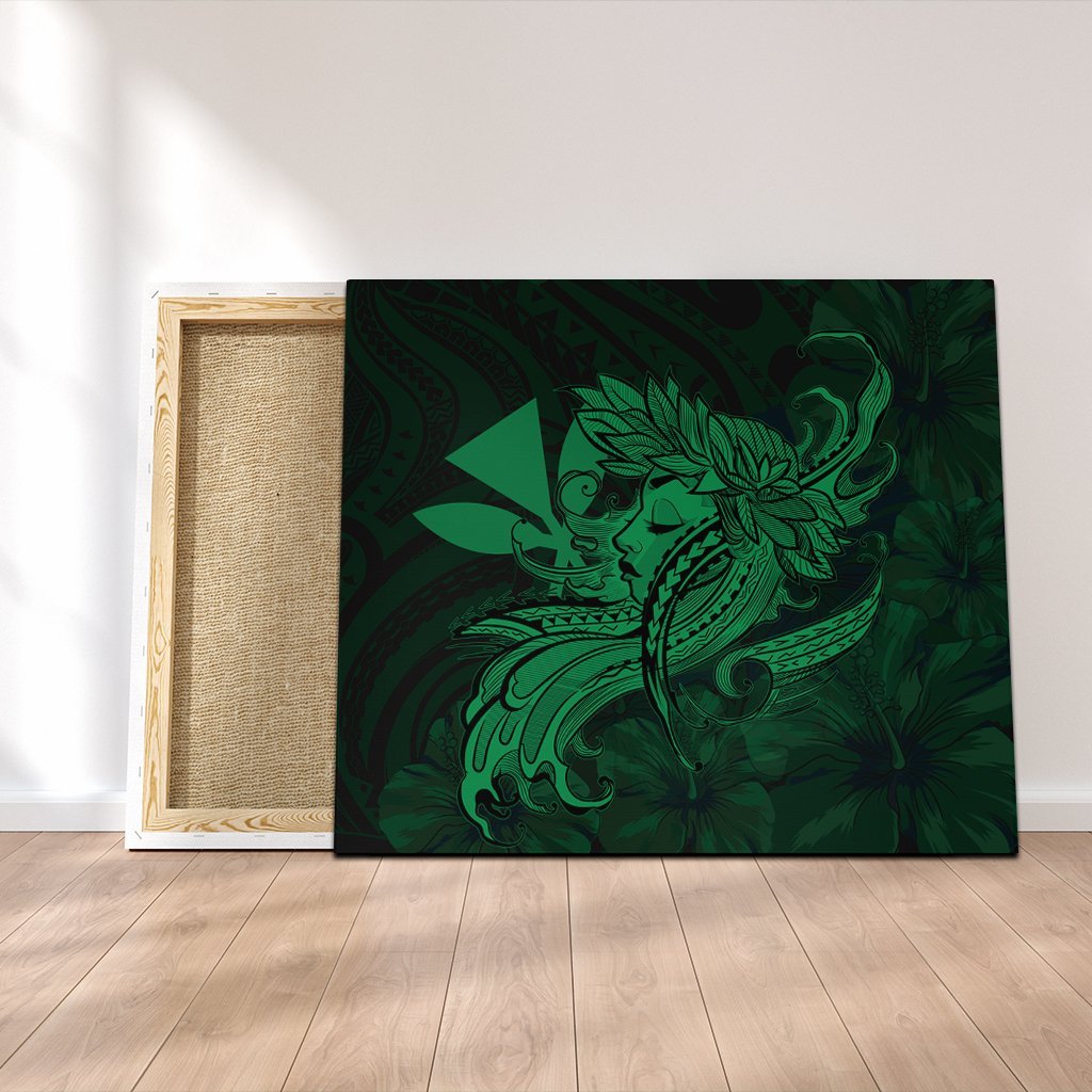 Hawaiian Map Hula Girl Hibiscus Kanaka Polynesian Canvas - Green - AH Canvas Poly-cotton - Polynesian Pride