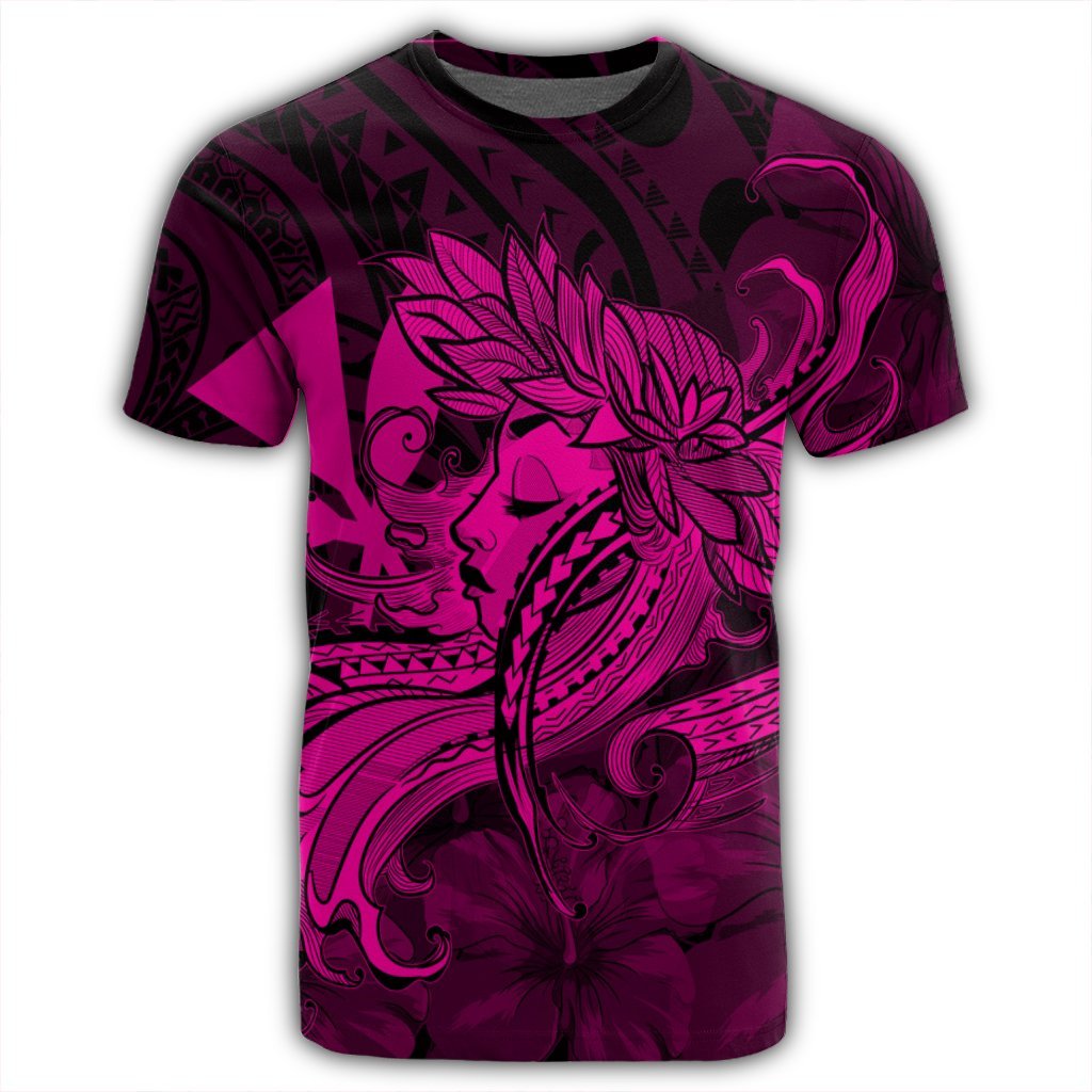 Hawaiian Map Hula Girl Hibiscus Kanaka Polynesian T Shirt Pink - Polynesian Pride