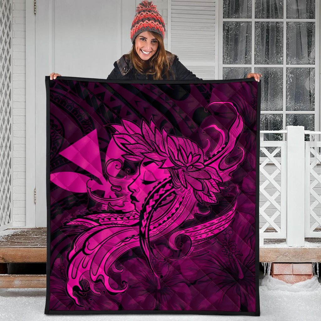 Hawaiian Map Hula Girl Hibiscus Kanaka Polynesian Premium Quilts - Pink - AH - Polynesian Pride