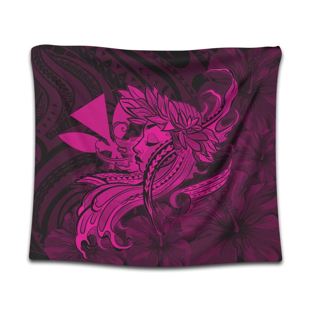 Hawaiian Map Hula Girl Hibiscus Kanaka Polynesian Tapestry - Pink - AH Wall Tapestry Black - Polynesian Pride