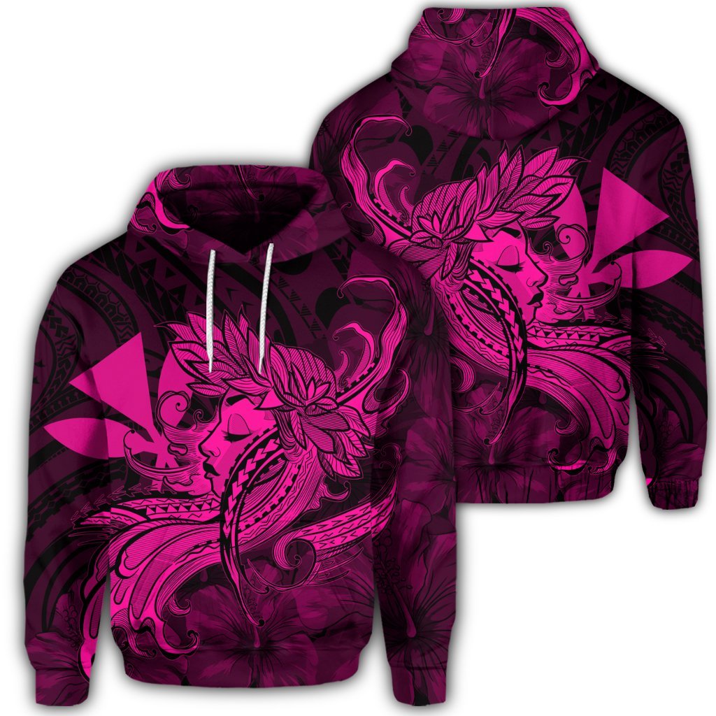 Hawaiian Map Hula Girl Hibiscus Kanaka Polynesian Hoodie Pink Unisex Art - Polynesian Pride