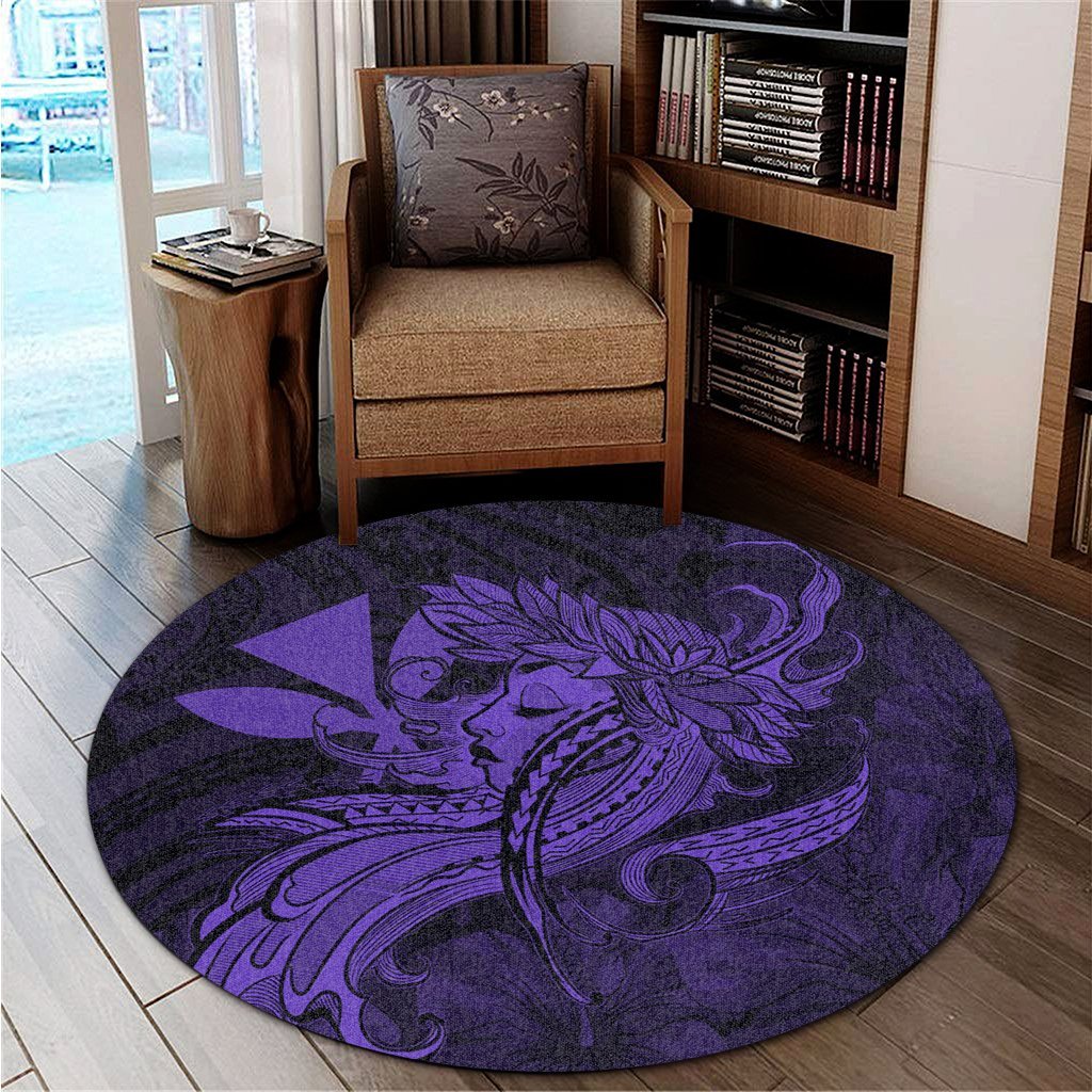 Hawaiian Map Hula Girl Hibiscus Kanaka Polynesian Round Carpet - Purple - AH - Polynesian Pride