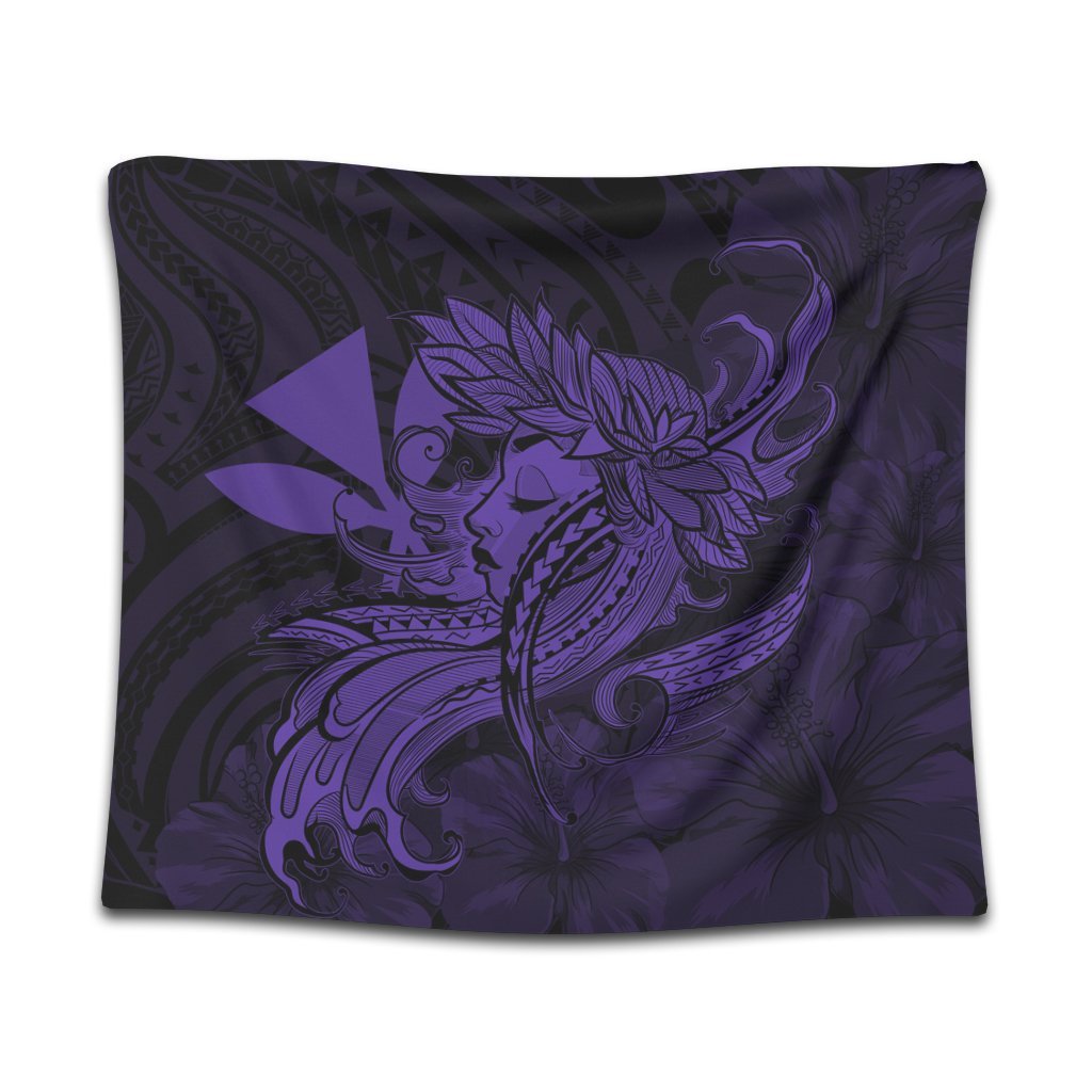 Hawaiian Map Hula Girl Hibiscus Kanaka Polynesian Tapestry - Purple - AH Wall Tapestry Black - Polynesian Pride