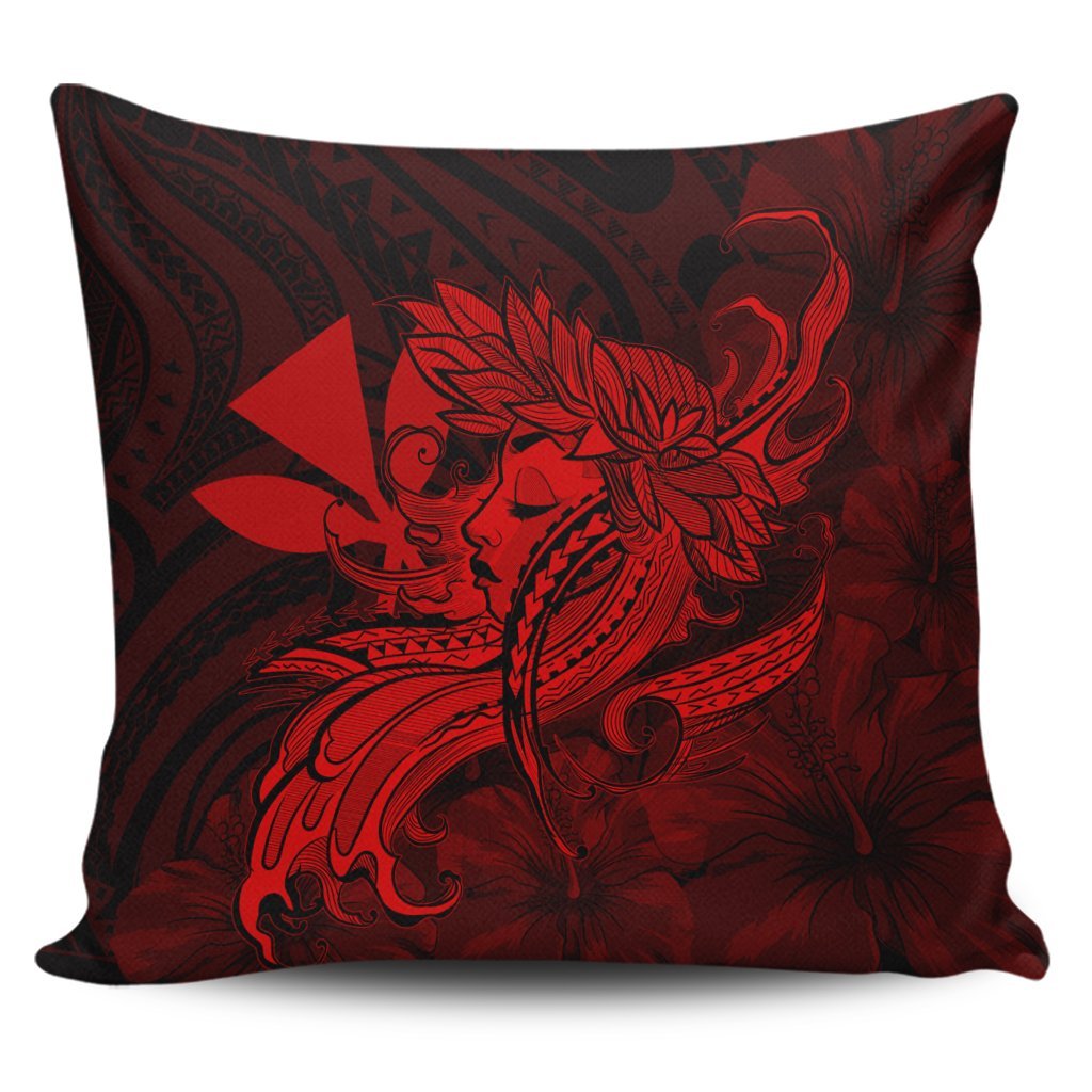 Hawaiian Map Hula Girl Hibiscus Kanaka Polynesian Pillow Covers - Red - AH Pillow Covers Black - Polynesian Pride