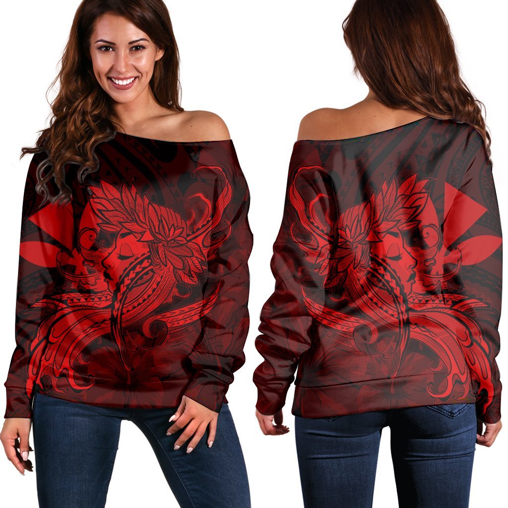 Hawaiian Map Hula Girl Hibiscus Kanaka Polynesian Women's Off Shoulder Sweater - Red - AH Black - Polynesian Pride