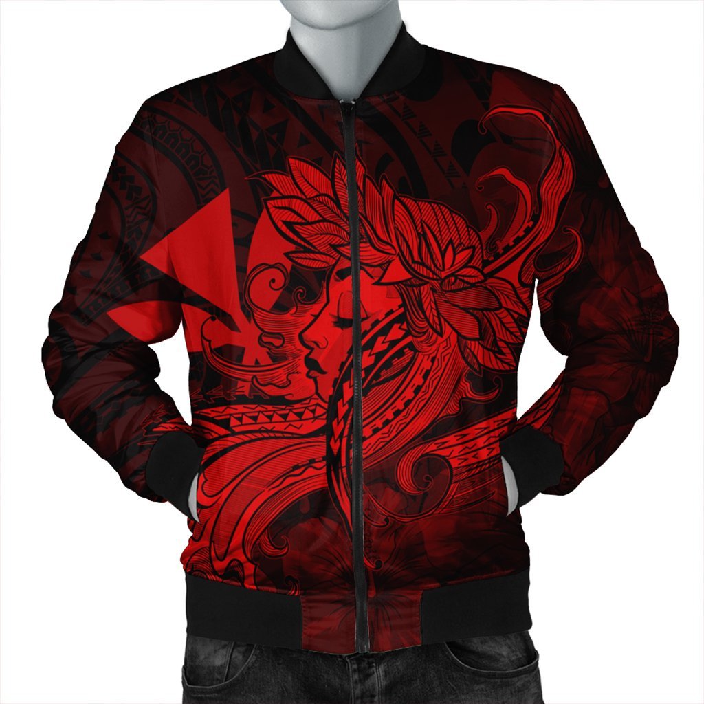 Hawaiian Map Hula Girl Hibiscus Kanaka Polynesian Bomber Jacket - Red - AH Black Unisex - Polynesian Pride