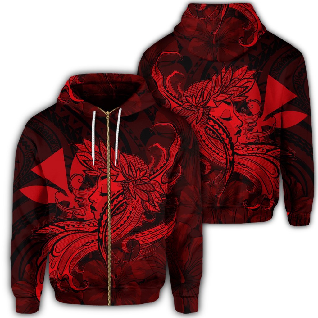 Hawaiian Map Hula Girl Hibiscus Kanaka Polynesian Zip Hoodie Red Unisex Art - Polynesian Pride