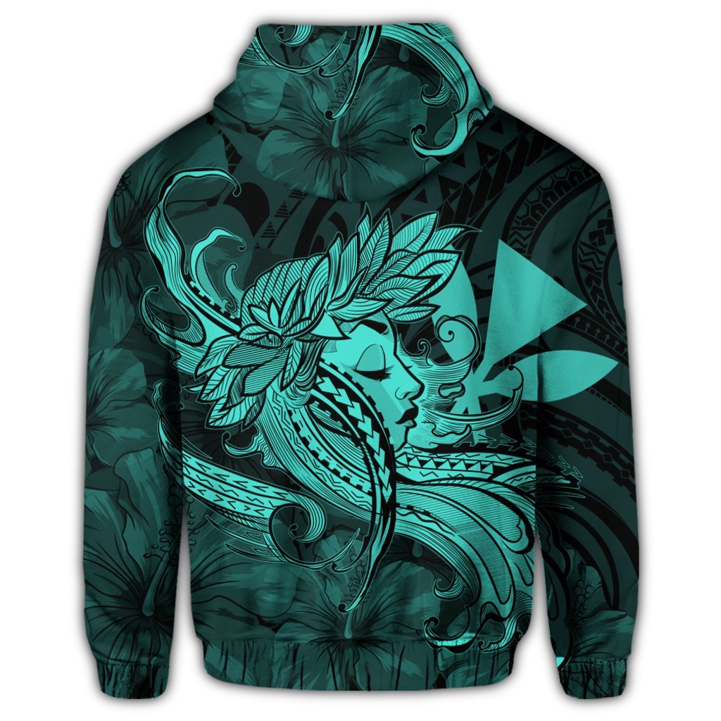 Hawaiian Map Hula Girl Hibiscus Kanaka Polynesian Zip Hoodie Turquoise - Polynesian Pride