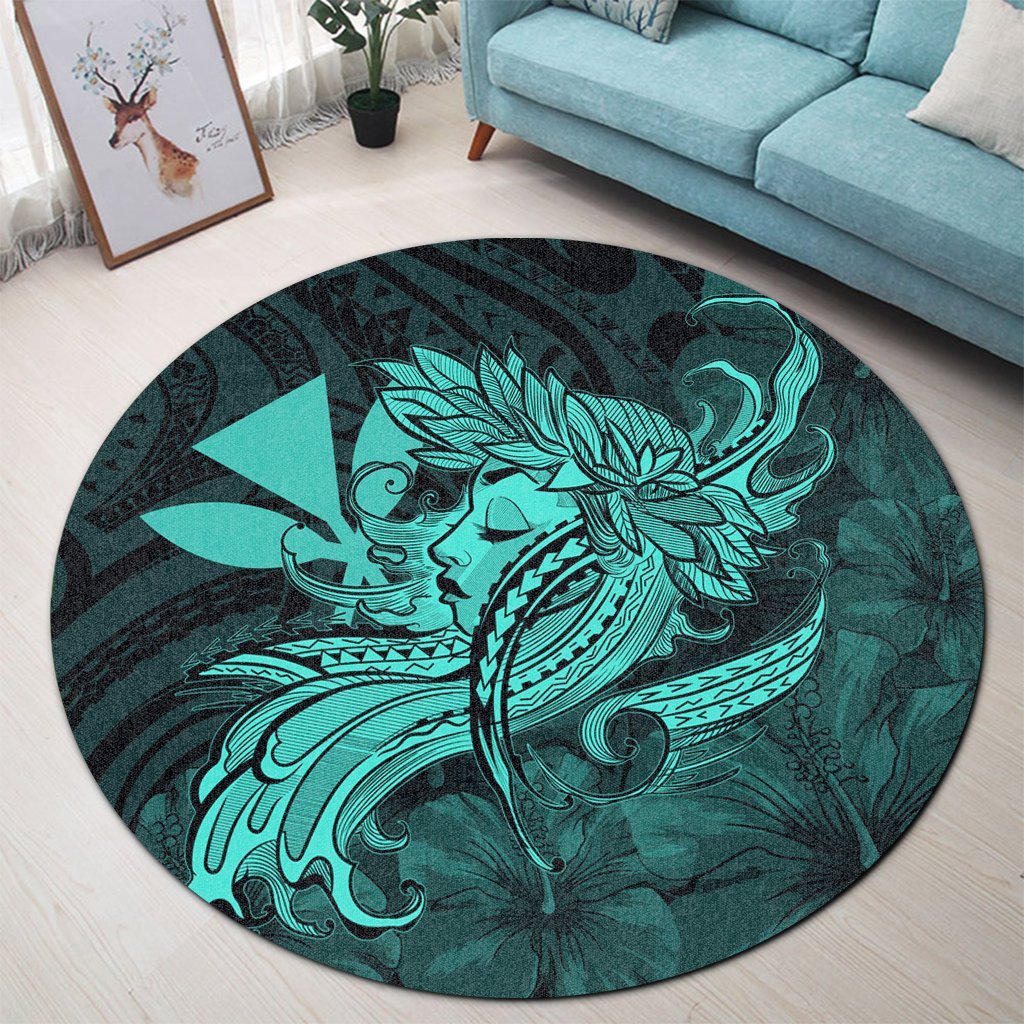 Hawaiian Map Hula Girl Hibiscus Kanaka Polynesian Round Carpet - Turquoise - AH - Polynesian Pride