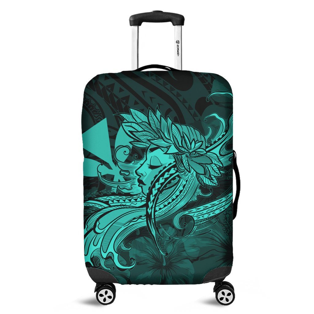 Hawaiian Map Hula Girl Hibiscus Kanaka Polynesian Luggage Covers - Turquoise - AH Black - Polynesian Pride