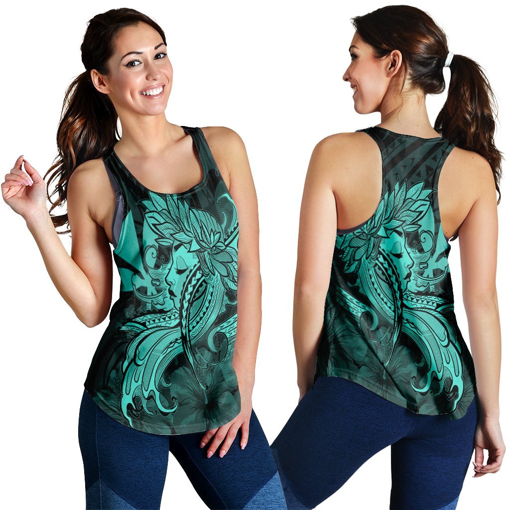 Hawaiian Map Hula Girl Hibiscus Kanaka Polynesian Racerback Tank - Turquoise - AH Black - Polynesian Pride