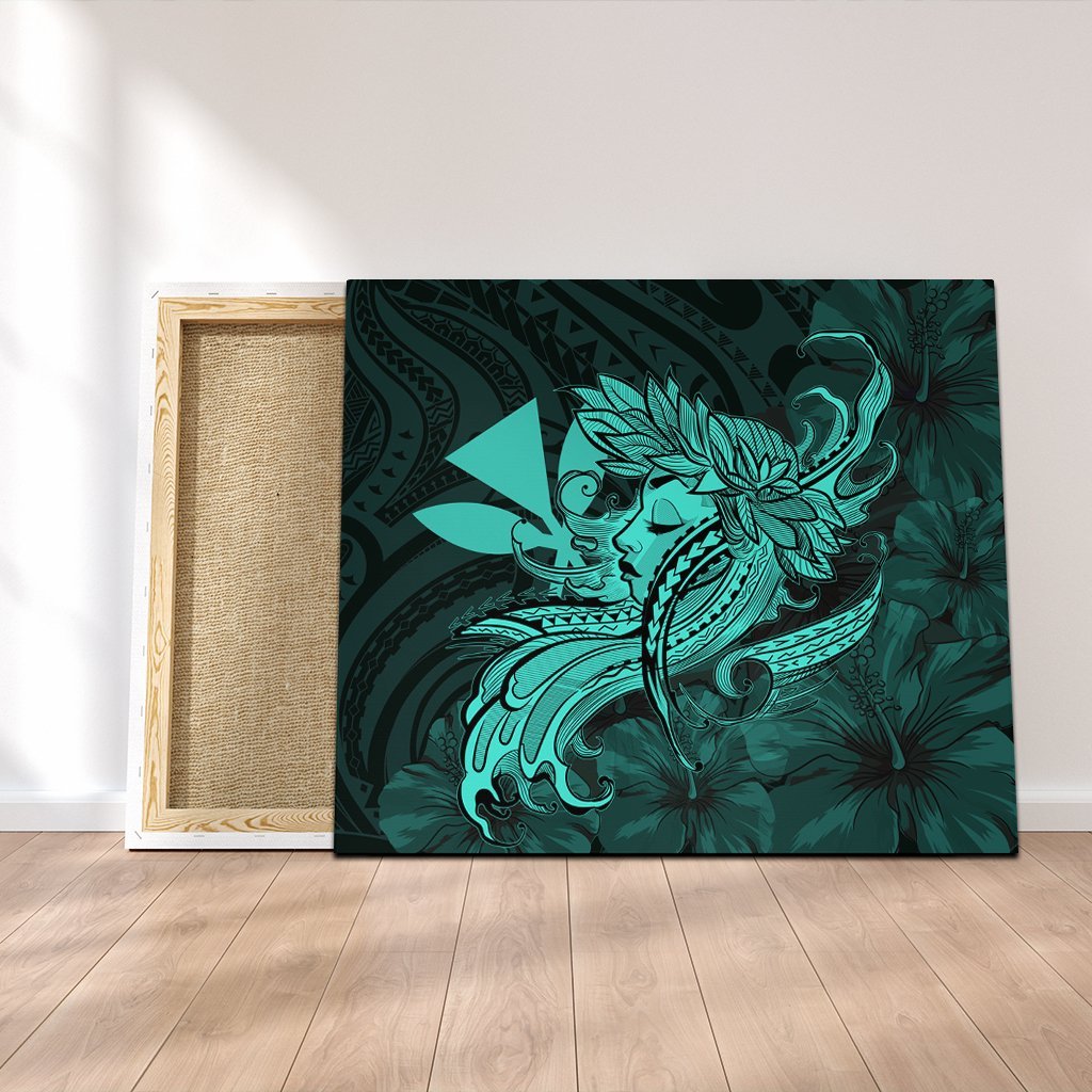 Hawaiian Map Hula Girl Hibiscus Kanaka Polynesian Canvas - Turquoise - AH Canvas Poly-cotton - Polynesian Pride