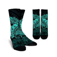 Hawaiian Map Hula Girl Hibiscus Kanaka Polynesian Crew Socks - Turquoise - AH Crew Socks White - Polynesian Pride