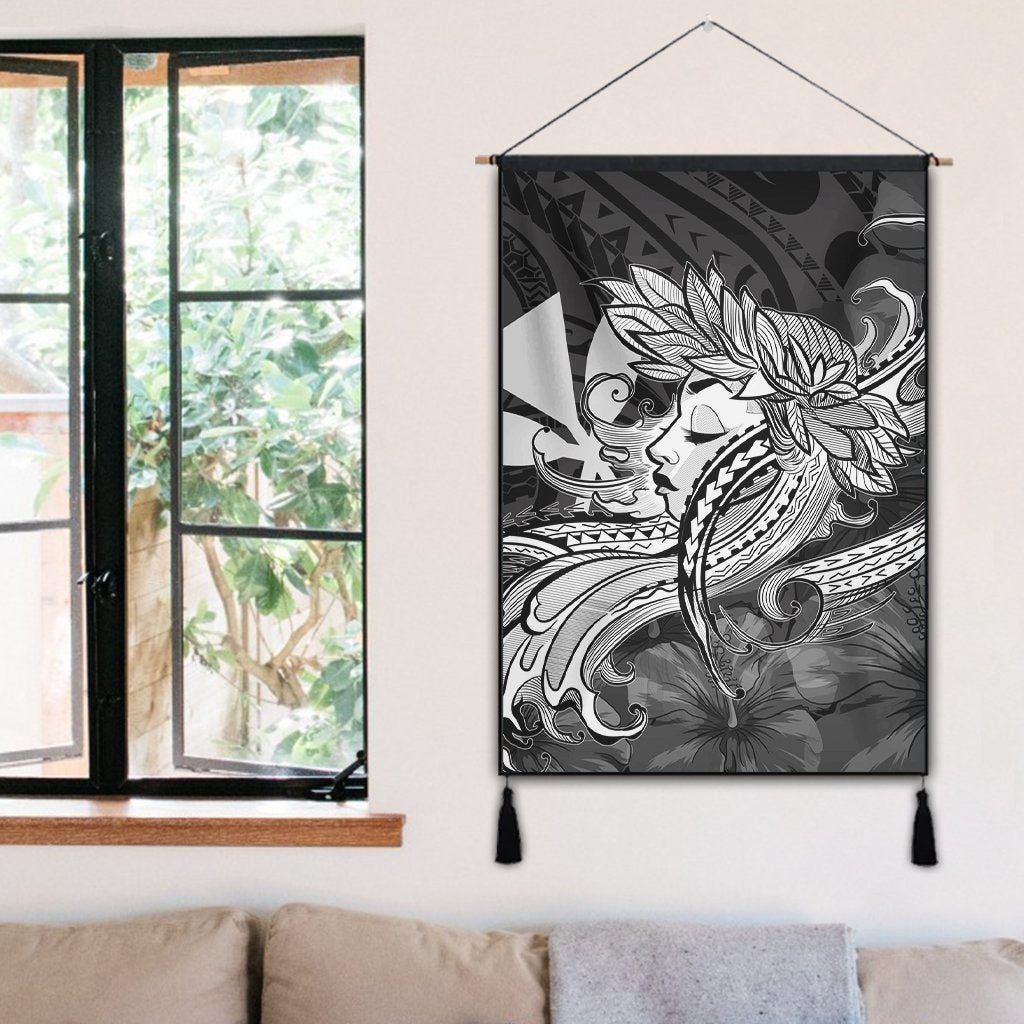 Hawaiian Map Hula Girl Hibiscus Kanaka Polynesian Hanging Poster - White - AH - Polynesian Pride