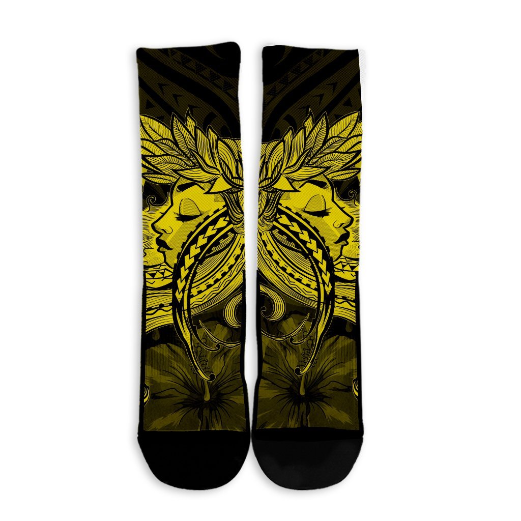 Hawaiian Map Hula Girl Hibiscus Kanaka Polynesian Crew Socks - Yellow - AH - Polynesian Pride