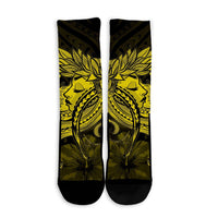Hawaiian Map Hula Girl Hibiscus Kanaka Polynesian Crew Socks - Yellow - AH - Polynesian Pride