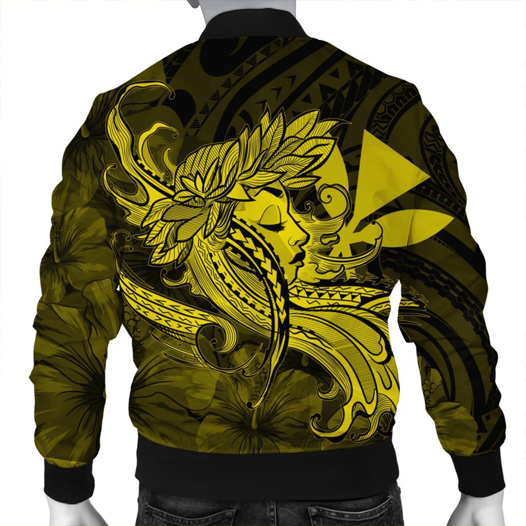 Hawaiian Map Hula Girl Hibiscus Kanaka Polynesian Bomber Jacket - Yellow - AH - Polynesian Pride