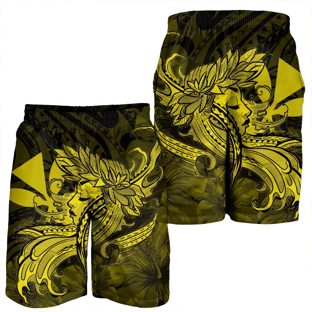 Hawaiian Map Hula Girl Hibiscus Kanaka Polynesian Men's Shorts - Yellow - AH - Polynesian Pride