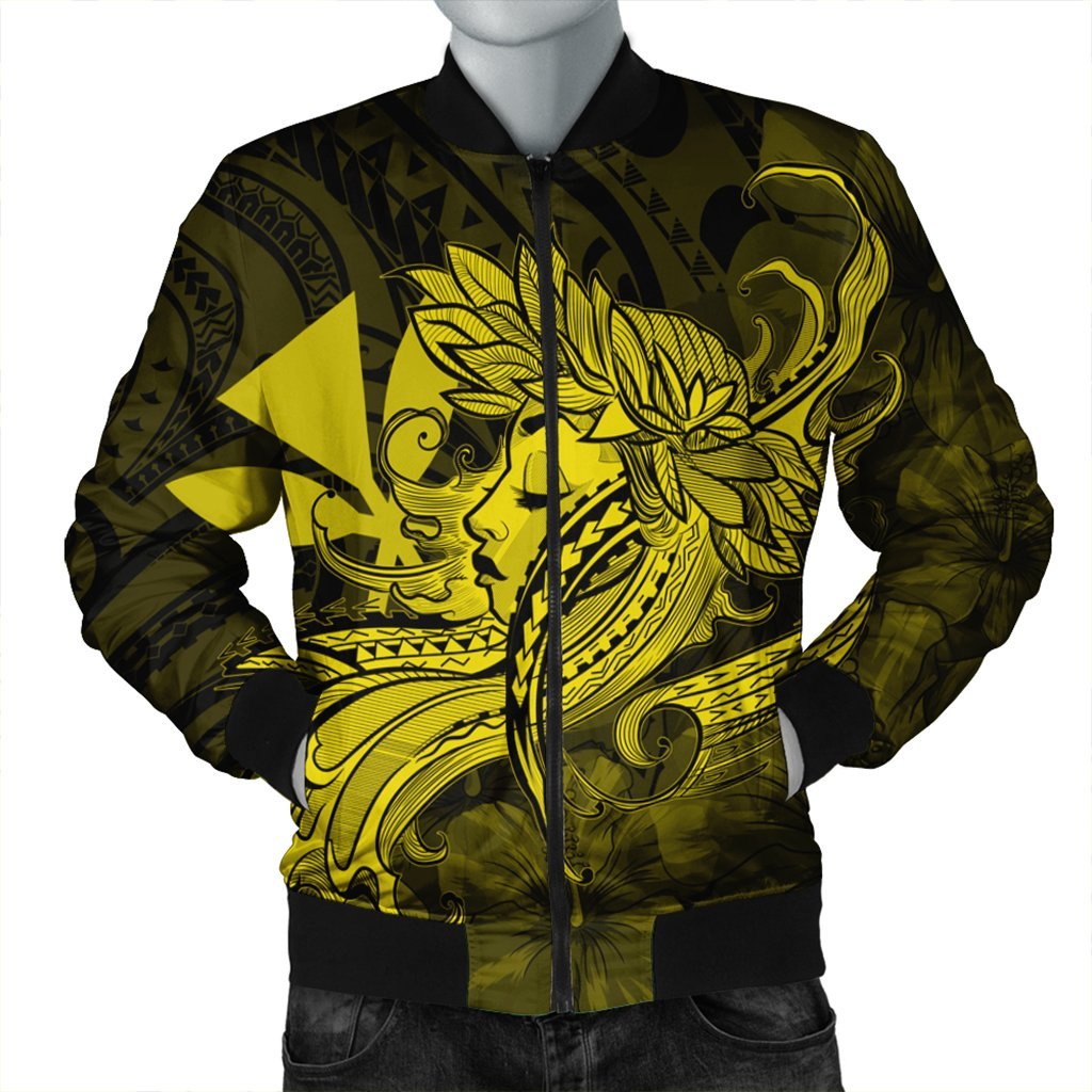 Hawaiian Map Hula Girl Hibiscus Kanaka Polynesian Bomber Jacket - Yellow - AH Black Unisex - Polynesian Pride